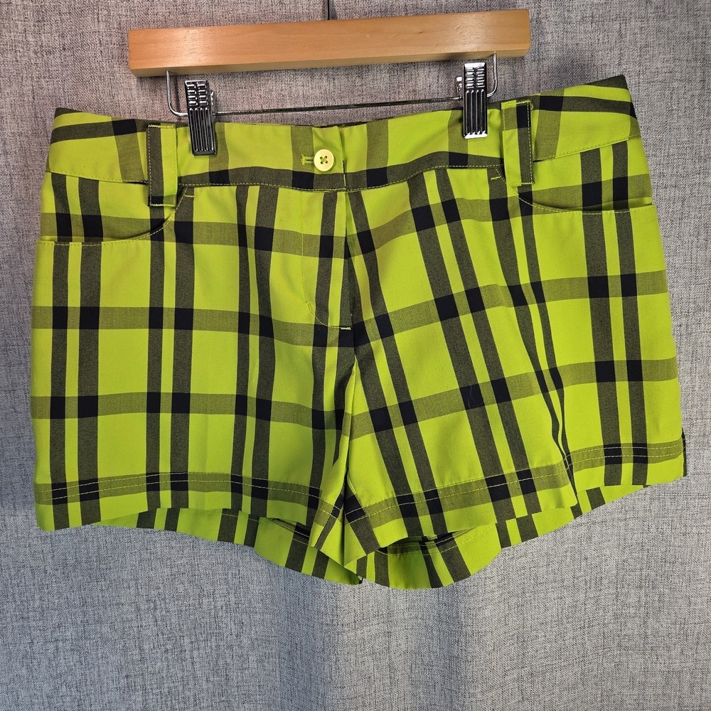 Adidas Womens Neon Green/Navy Check Shorts Pockets Activewear Size 6 Golf